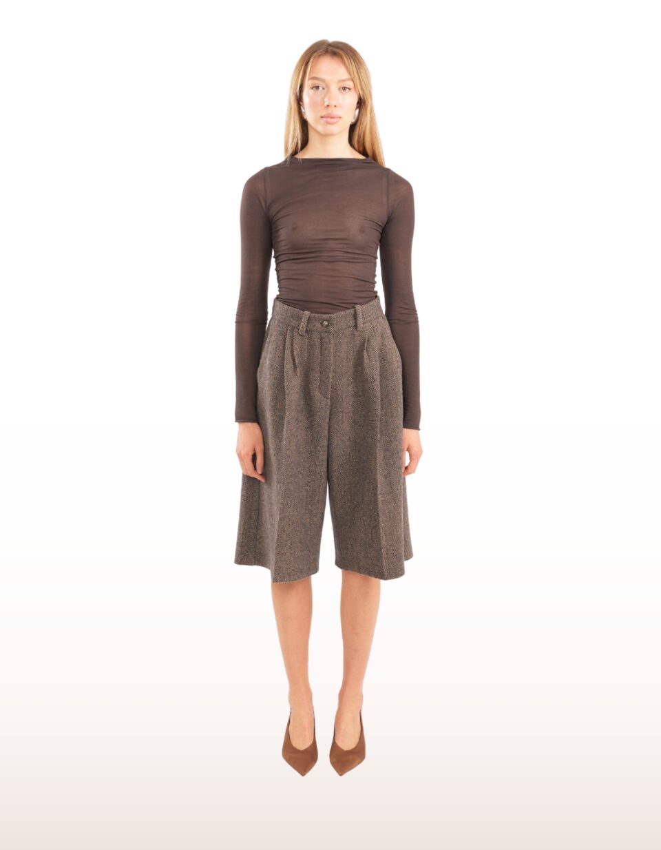 Denata Herringbone Wool Culottes in Brown